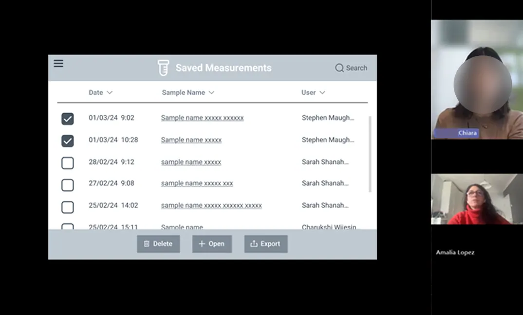 Remote usability testing session showing saved measurements wireframe