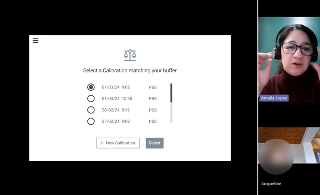 Remote usability testing session showing calibration selection wireframe